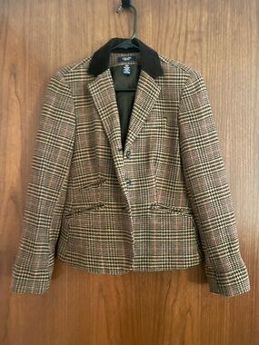 Chaps Brown Plaid Blazer with Corduroy Collar